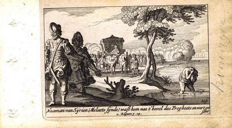Антикварная резцовая гравюра, офорт. Ветхий Завет. Исцеление Неемана. Нидерланды, 1659 год  #1