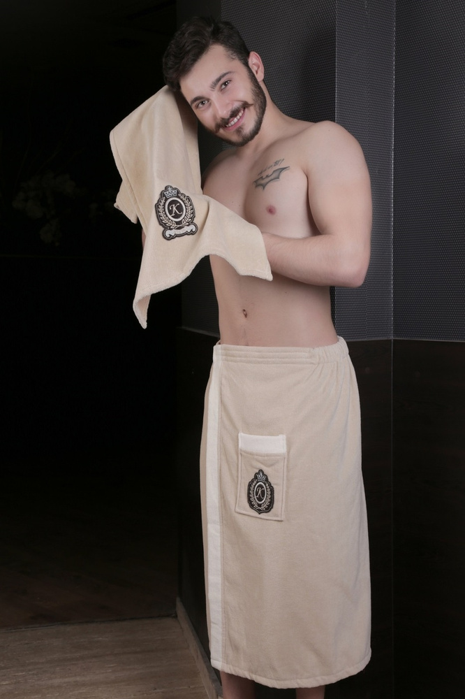 Набор для бани и сауны мужской подарочный KORAL золотистый, комплект килт банный махровый 65х145+полотенце #1