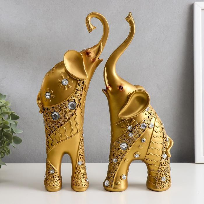 Сувенир полистоун "Золотые слоны со стразами" стразы с 2-х сторон набор 2 шт 30х20,5х6,2 см  #1