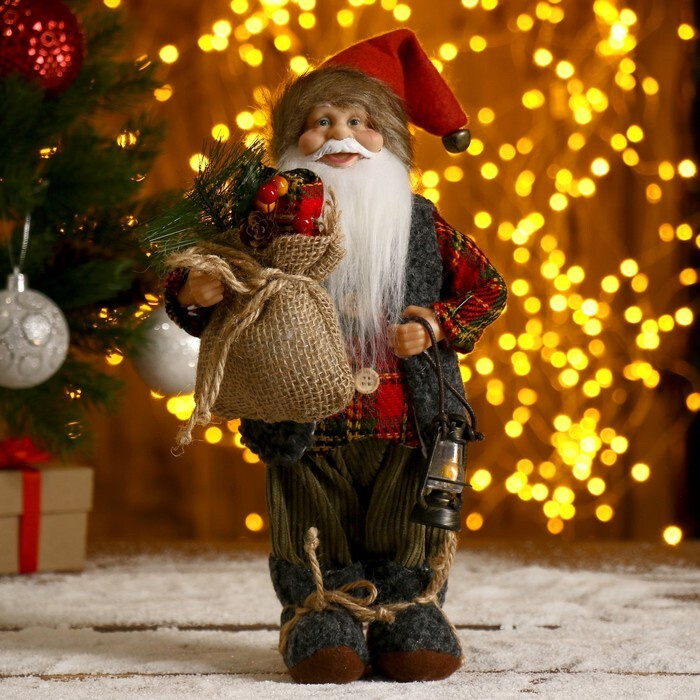 Дед Мороз "В клетчатой шубке, с фонариком и мешком" 30 см #1