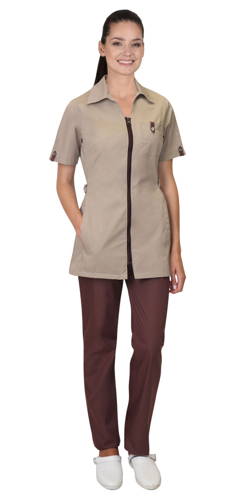 Костюм "ЛИРА" женский: блуза, брюки бежевый с шоколадным р.112-116/158-164  #1