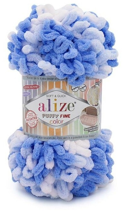 Пряжа для вязания Alize Puffy Fine Color, 5 мотков (14м.,100гр.), цвет 6371 Белый-голубой. Маленькие #1