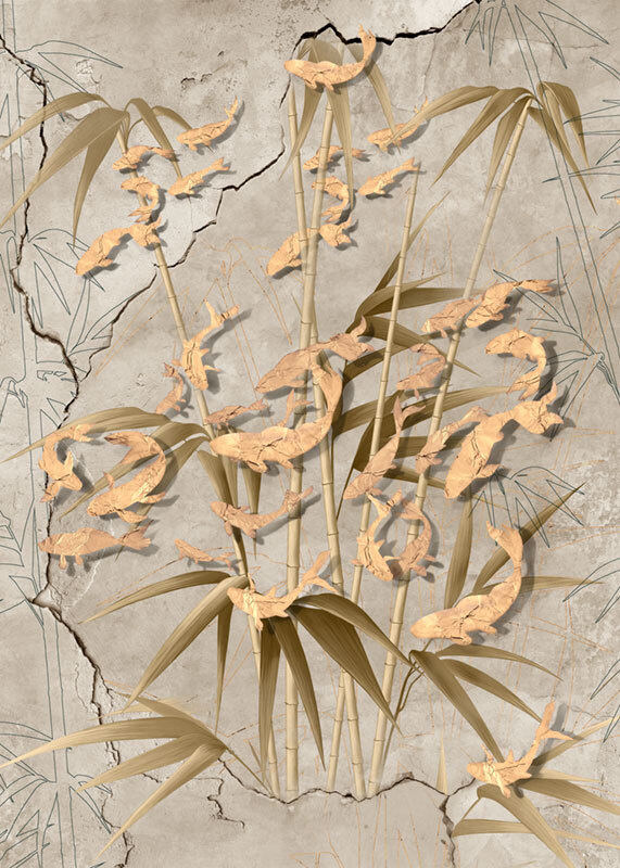 Фотообои флизелиновые на стену 3д GrandPik 17149 "Золотые рыбки в бамбуке", (ШхВ) 200х280 см  #1