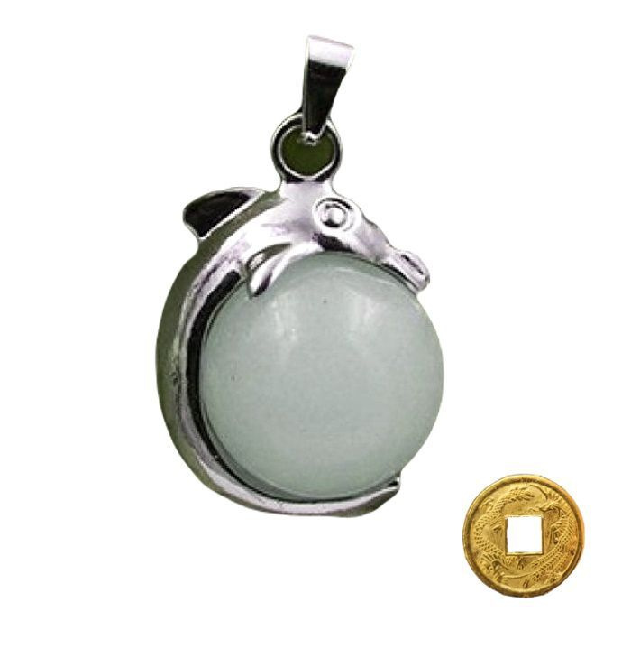 Светящийся кулон Дельфин, 19х14мм, нефрит + монета "Денежный талисман"  #1