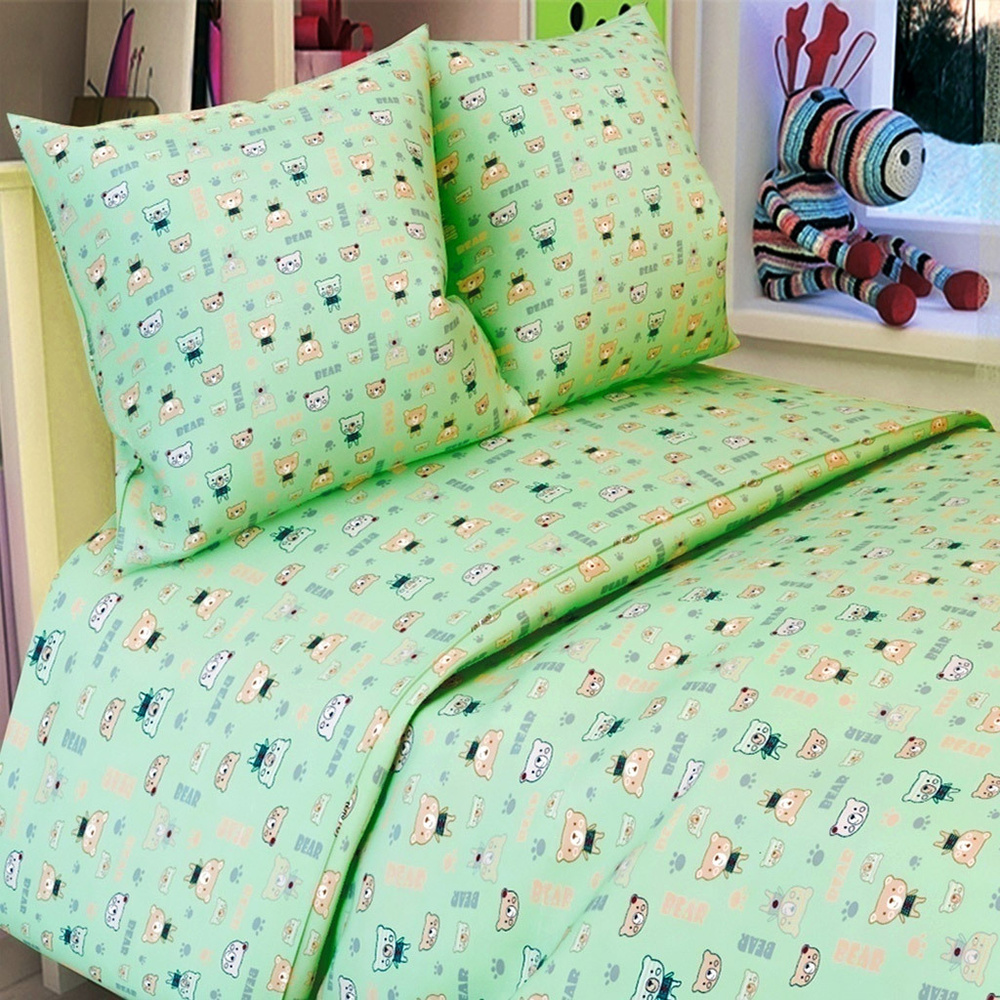 Детское постельное белье "Полосатые мишки-3 зеленый/клеточка беж" комплект 1,5 спальный 3 предмета  #1