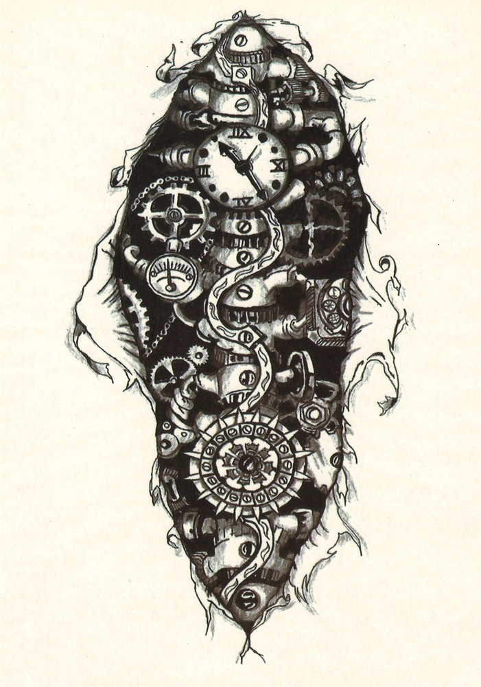 Временная переводная татуировка "Механические внутренности, часы, шестеренки" 24х15 см.  #1