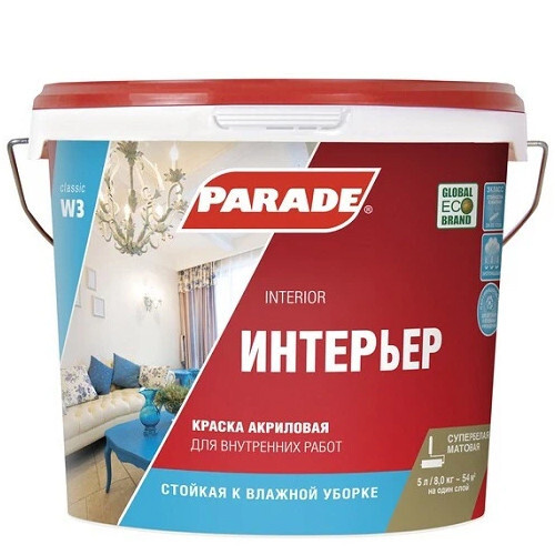 Parade Краска Гладкая, Акриловая, Матовое покрытие, 5 л, 8 кг, белый  #1