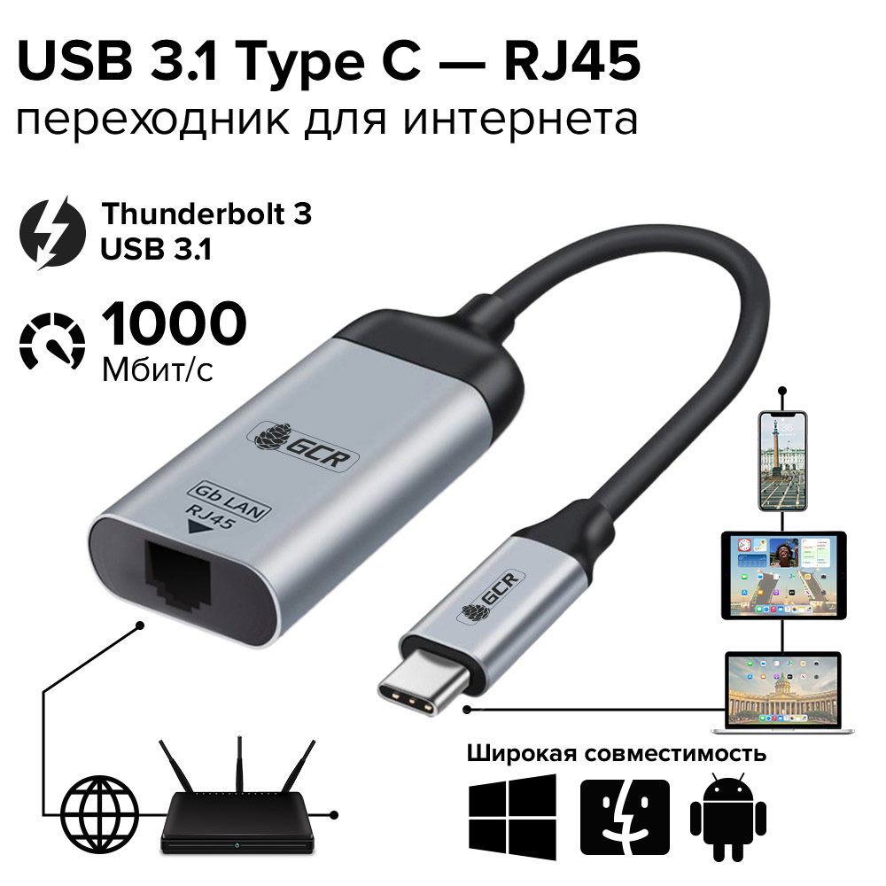 Переходник USB Type С RJ45 поддержка USB 3.1 Thunderbolt 3 GCR для ...