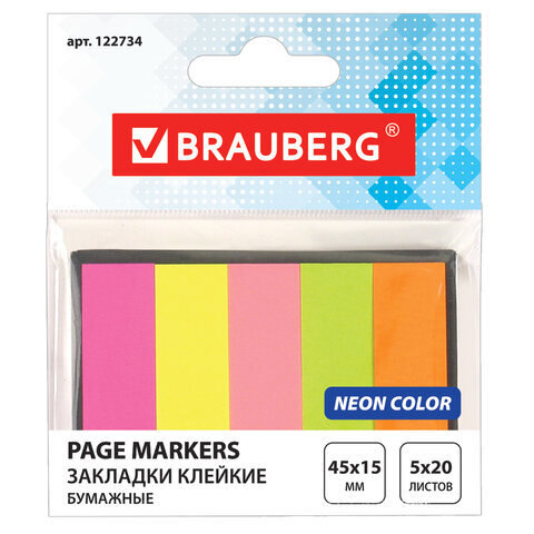 Клейкие закладки бумажные Brauberg, 5 цветов неон по 20л., 45х15мм, в картонной книжке (122734), 48 уп. #1