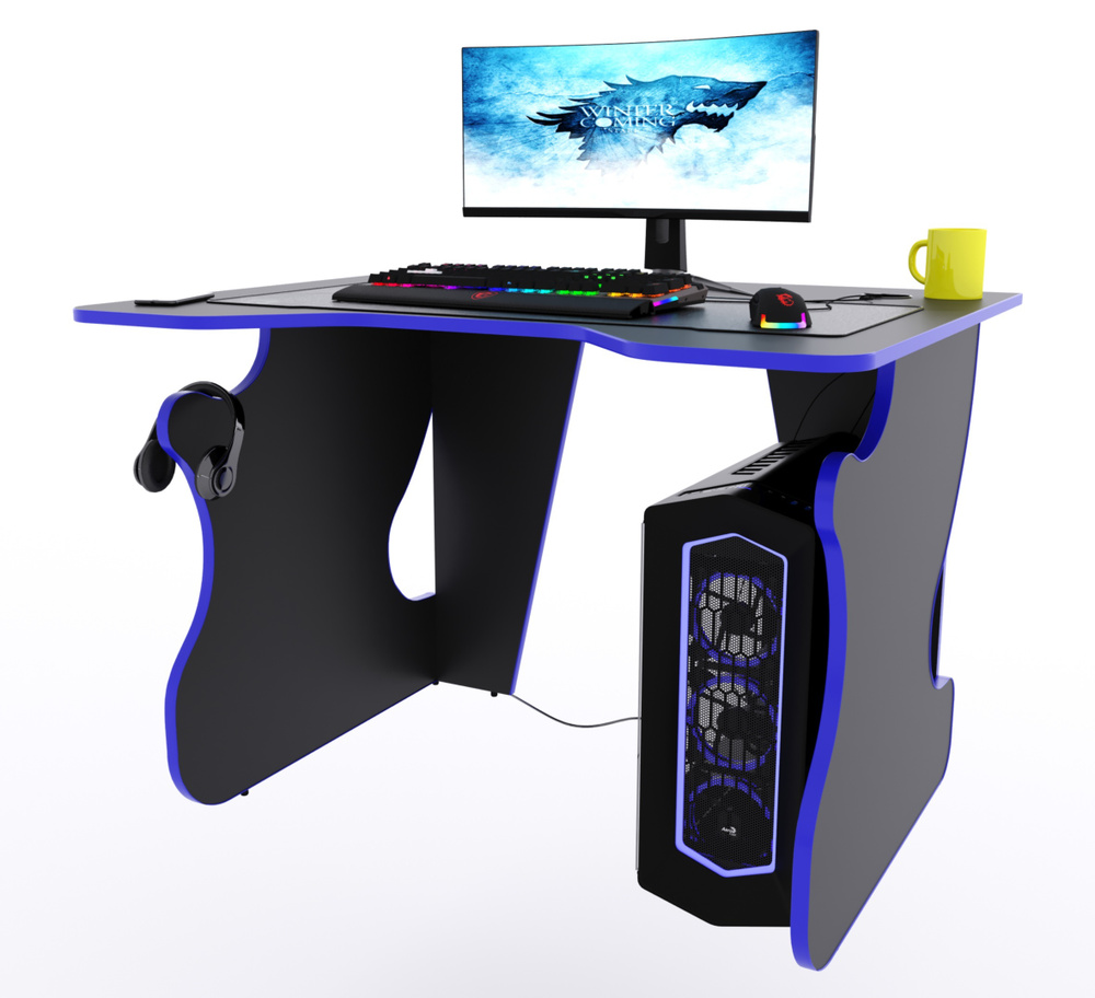 Прямой компьютерный стол "Даги", чёрный с синей кромкой #1