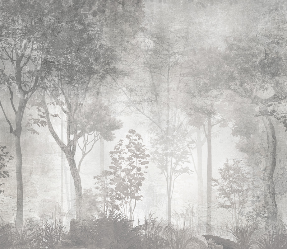 Фотообои флизелиновые на стену 3д GrandPik 26027 Лофт "Лес, деревья в тумане, винтаж, серые" (ШхВ), 300х260 #1