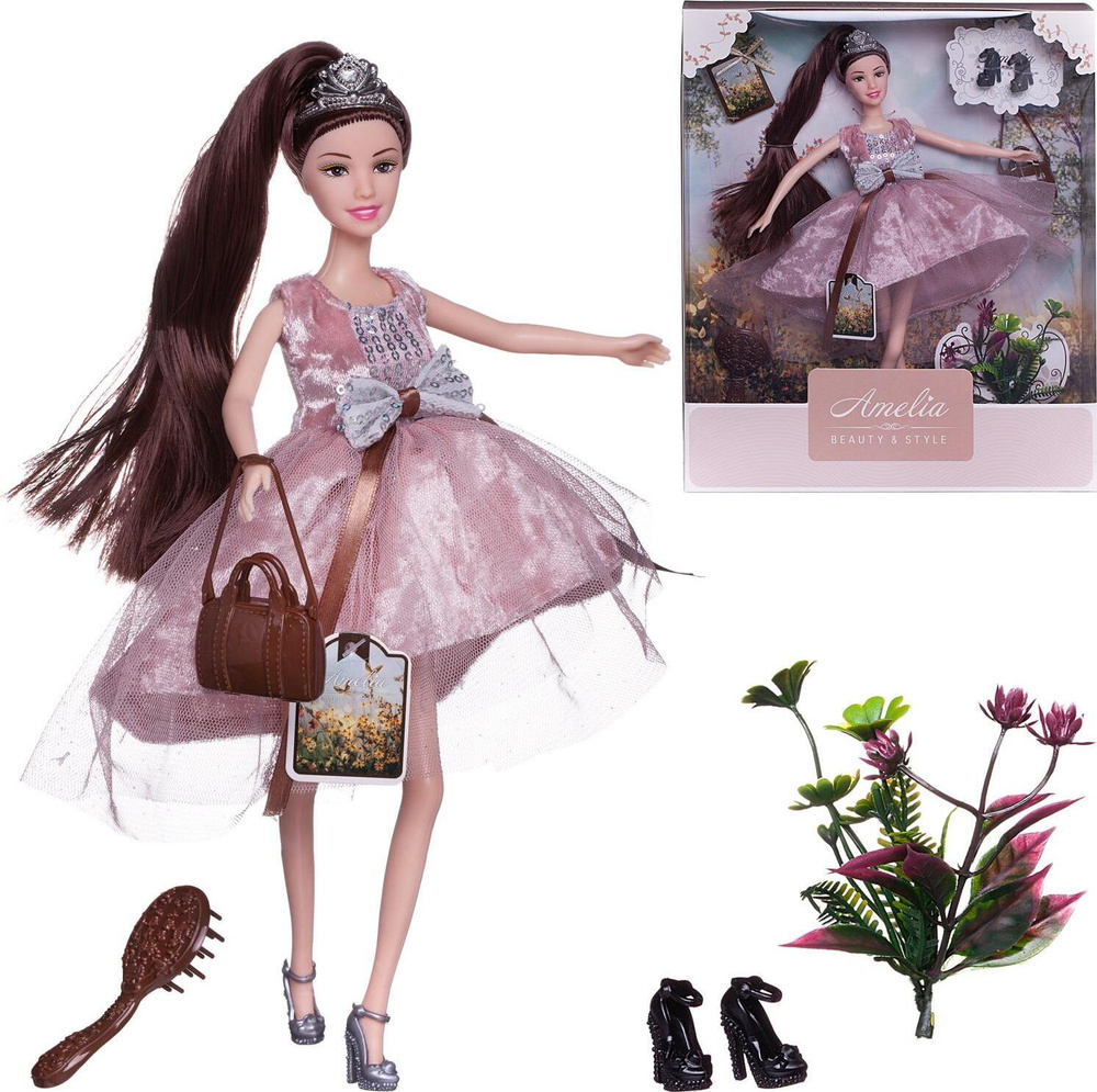 Кукла ABtoys "Летний вечер" с диадемой в розовом блестящем платье с двухслойной юбкой, темные волосы #1