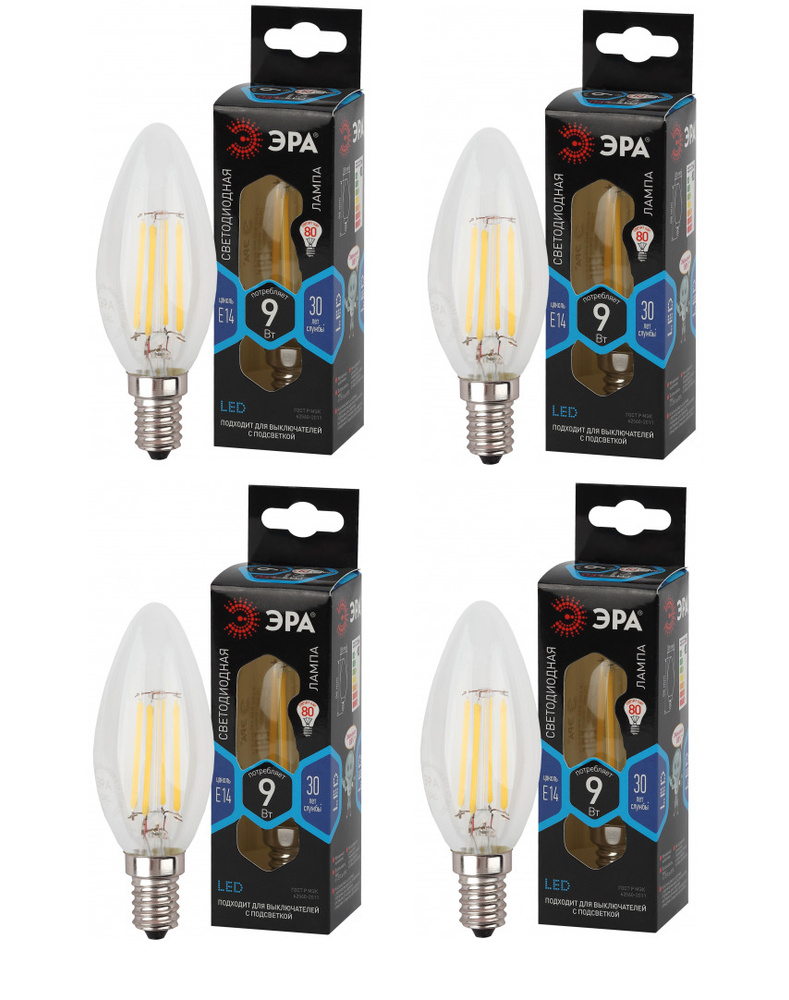 ЭРА Лампочка F-LED B35-9w-840-E14, Нейтральный белый свет, E14, 9 Вт, Филаментная, 4 шт.  #1