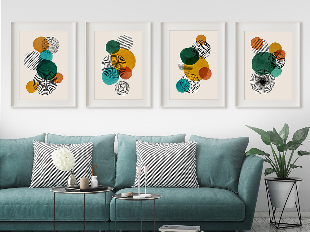 Постеры интерьерные "Абстрактные круги" 4 штуки, 30х42 см, для гостиной, спальни, кухни в подарочном #1
