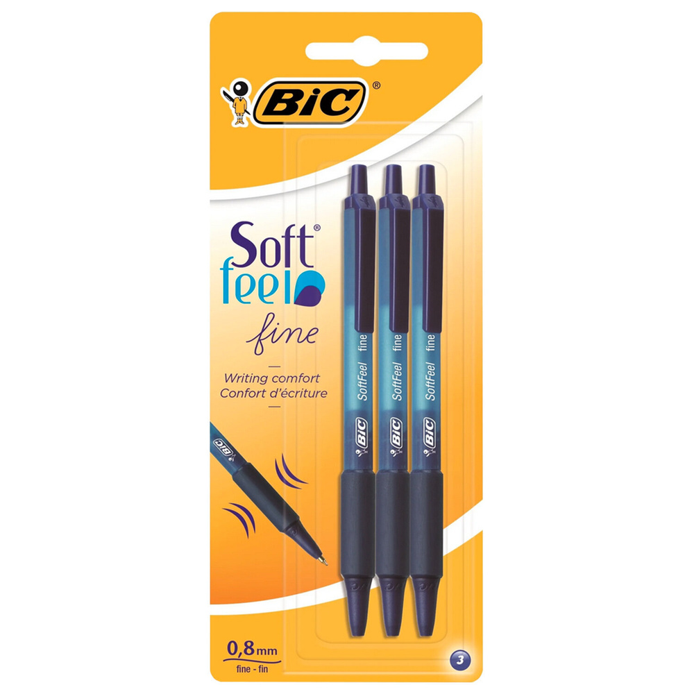 Ручки шариковые автоматические с грипом BIC "Soft Feel Fine", НАБОР 3 шт., линия письма 0,8 мм, блистер, #1