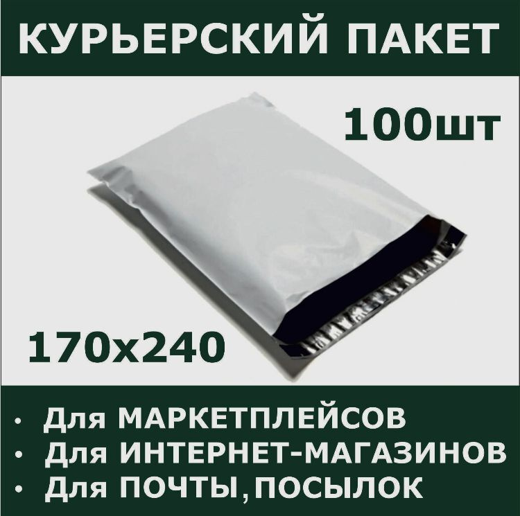 Курьерский пакет без кармана 170х240, курьер-пакет 170*240+40 мм, 100 штук, 50 мкм  #1