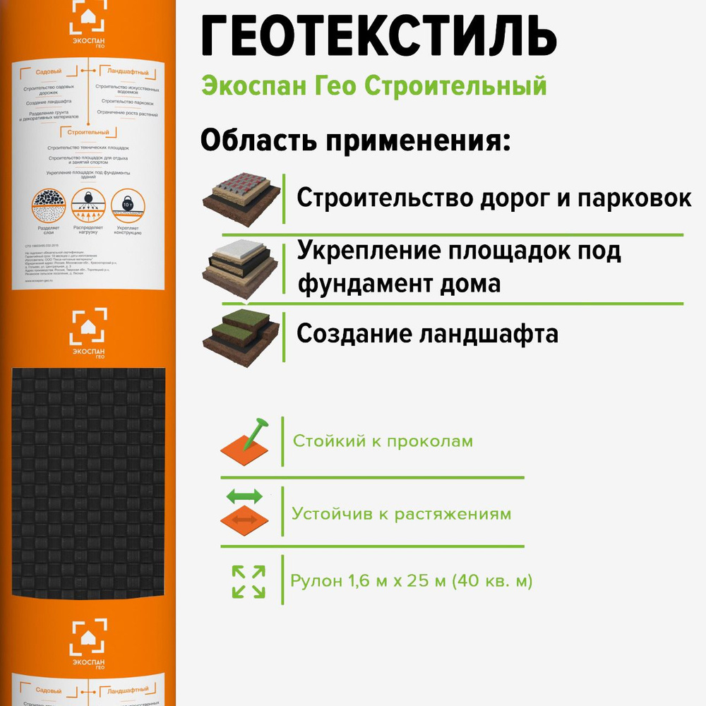 Геотекстиль Строительный 40 м.кв. (1,6 х 25 м) Экоспан Гео, геоткань под тротуарную плитку, под щебень, #1