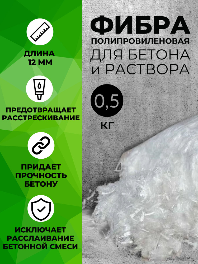 Фибра для бетона полипропиленовая ДОМАСК, 12мм. 500г. Фиброволокно, добавка в бетон.  #1