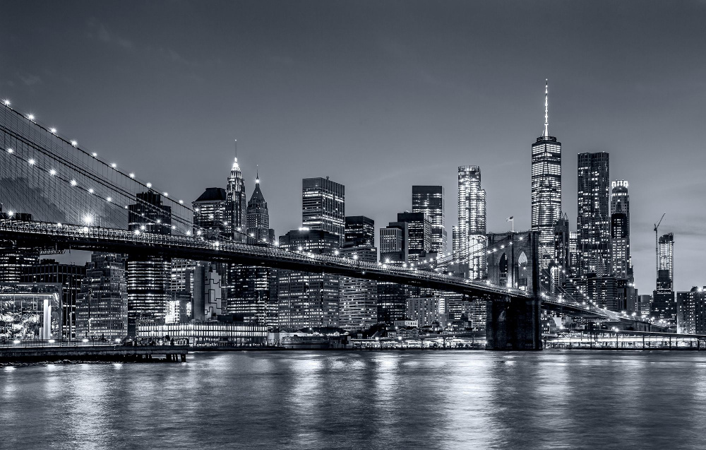 Фотообои 420х270 см Бруклинский мост ночной город Нью-Йорк New York / обои флизелиновые на стену в спальню, #1