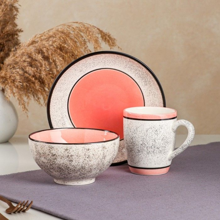 Набор посуды, керамика, розовый, 3 предмета: салатник 700 мл, тарелка 20 см, кружка 350 мл, Иран  #1
