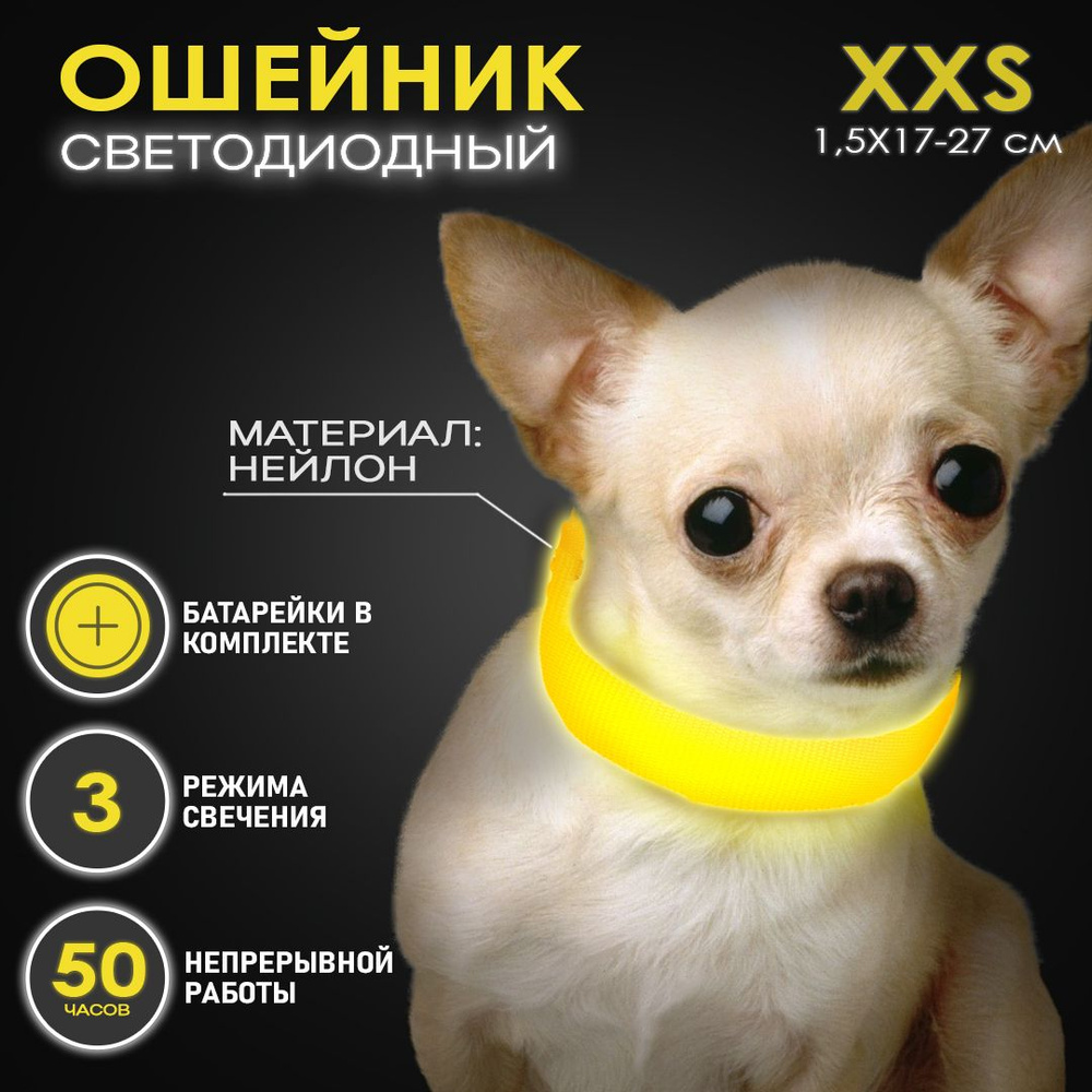 Ошейник светящийся для собак и кошек светодиодный нейлоновый желтого цвета, размер XXS - 1,5х17-27 см #1