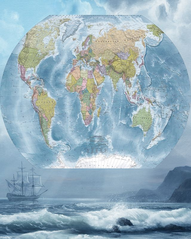 Фотообои флизелиновые на стену 3д GrandPik 80466 "Карта мира на русском, морская", 200х250 см(ШхВ)  #1