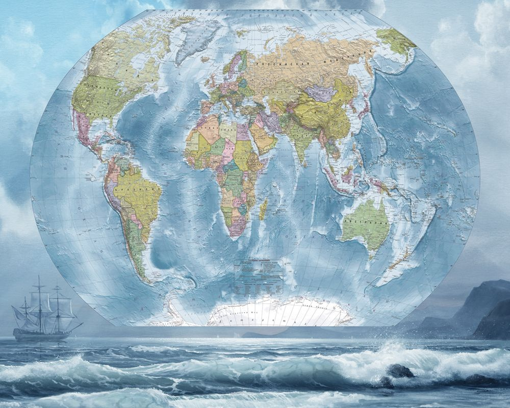 Фотообои флизелиновые на стену 3д GrandPik 80466 "Карта мира на русском, морская", 250х200 см(Ширина #1
