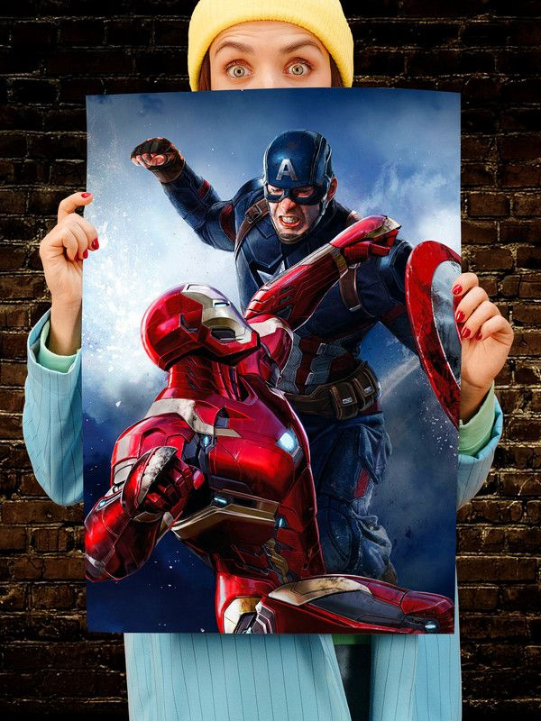 Постер интерьерный Первый мститель Противостояние, 70х46 см. Матовый яркий. Железный человек Капитан #1