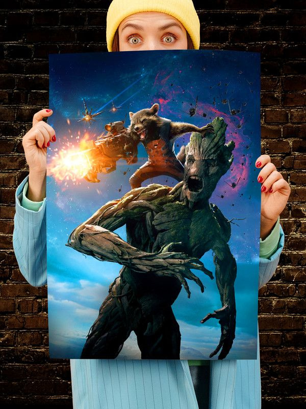 Постер интерьерный Стражи Галактики, 70х46 см. Матовый яркий. Guardians of the Galaxy Енот Грут Ракета. #1