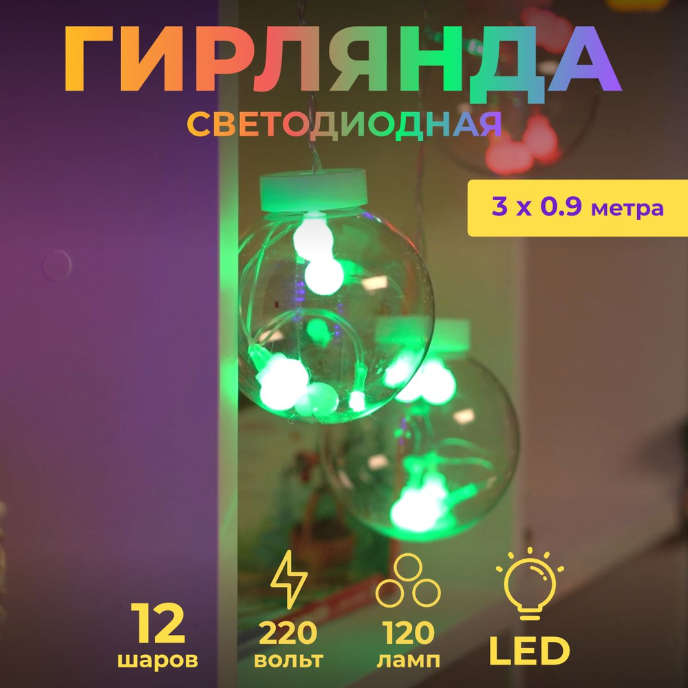 Светодиодная гирлянда ЗАНАВЕС 3х0,9м 120 цветных LED ламп,12 шаров IP20,от сети Уцененный товар  #1