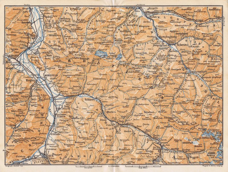 Географическая карта антикварная. Швейцария. Горный хребет Ретикон и долина Претигау. Смешанная техника. #1