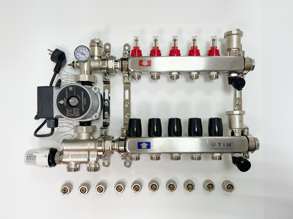 Комплект для водяного теплого пола с насосом: Коллектор 5 выхода с расходомерами + смесительный узел #1