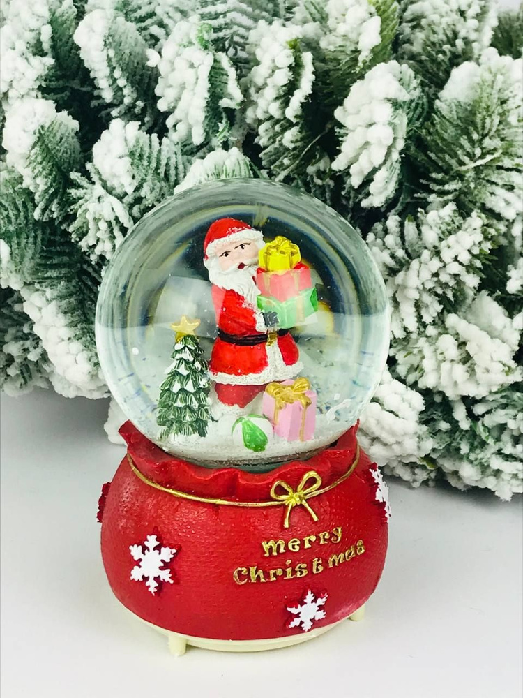Снежный шар сувенир 8817 "Дед Мороз дарит подарки", музыкальный LED, 3*ААА, 12*10*15 см  #1