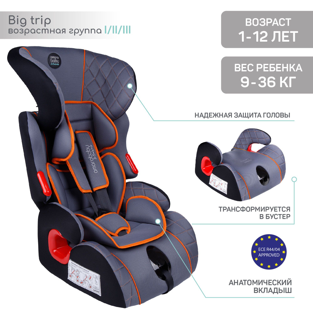 Автокресло детское AMAROBABY Big trip, группа I/II/III, 9-36 кг,(1-12 лет),серый/оранжевый  #1