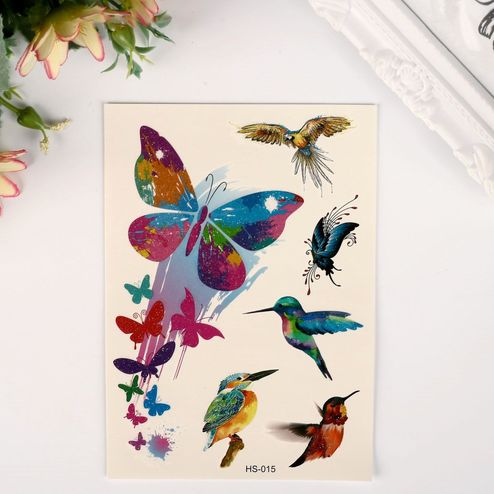 Татуировка на тело цветная с блёстками "Бабочки и птицы" 14,8х10,5 см  #1