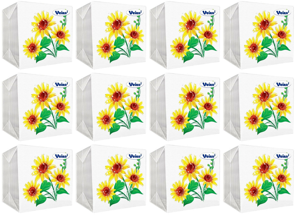 Veiro Салфетки бумажные Желтый Цветок Подсолнух, однослойные, 24х24 см, 100 шт в уп., 12 уп  #1