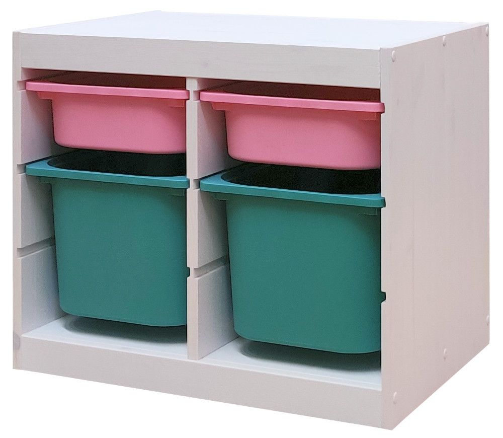 Белый стеллаж для игрушек с розовыми (2) и бирюзовыми (2) контейнерами TROFAST, 62.8х43.8х52.2 см  #1
