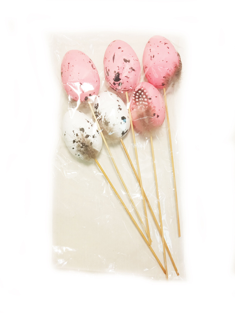 Яйца на палке розовый + белый с пером, 6 шт #1