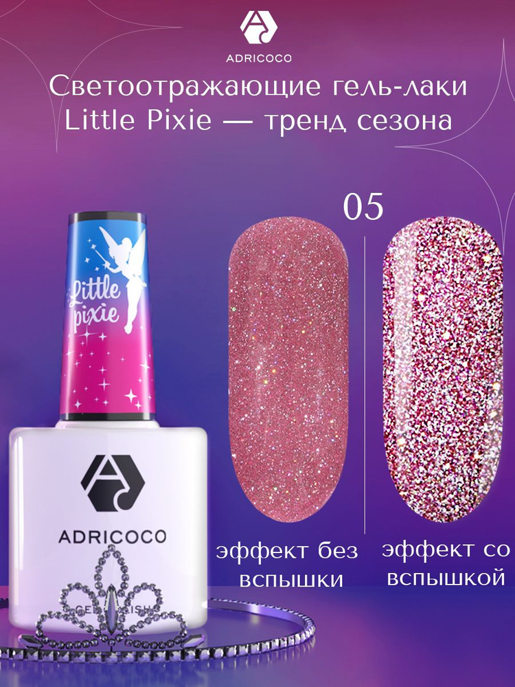 Гель лак для ногтей ADRICOCO Little Pixie розовый светоотражающий с блестками №05, 8 мл  #1