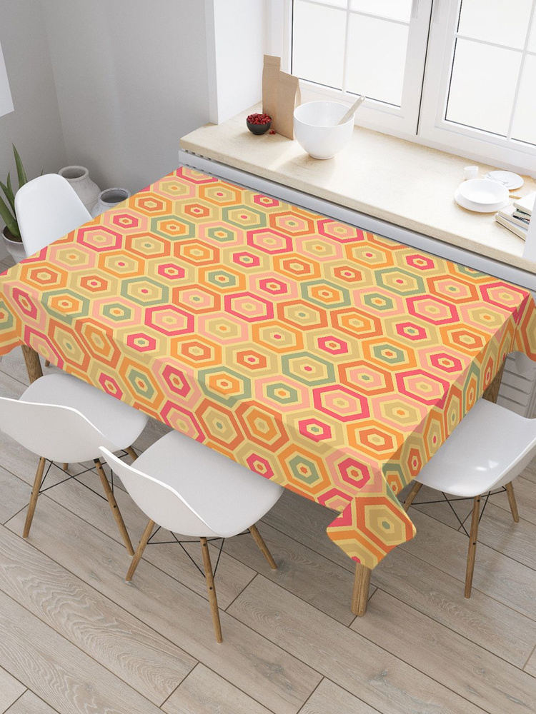 Прямоугольная водоотталкивающая скатерть на стол JoyArty с рисунком "Разноцветные шестиугольники" 120 #1