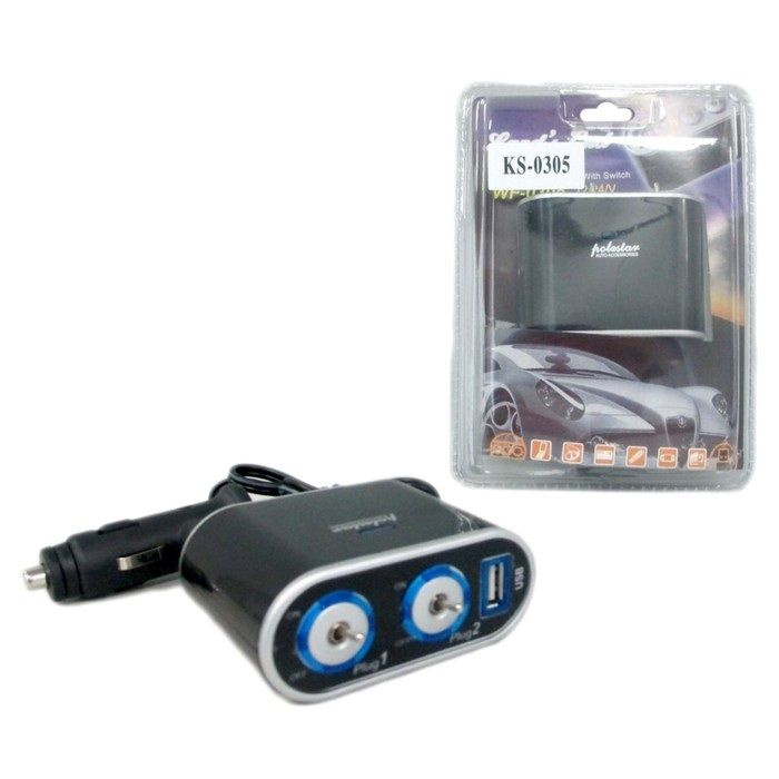 Разветвитель прикуривателя 2 гнезда 1 USB 1000мА разъем, тумблеры, индикатор вкл и выкл, с удлинителем, #1