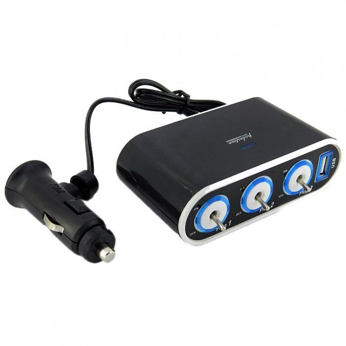 Разветвитель прикуривателя 3 гнезда 1 USB 1000мА разъем, тумблеры, индикатор вкл и выкл, с удлинителем, #1