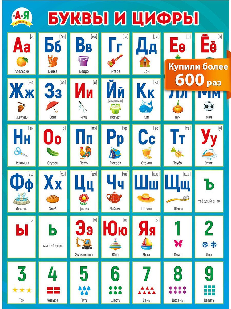 Плакат обучающий, "Буквы и цифры", русский язык, математика, ребенку, А2, картон  #1