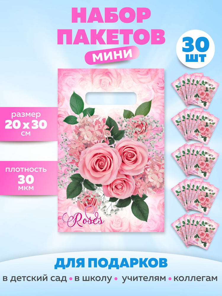 Пакеты подарочные маленькие не бумажные Воздушные розы, набор 30 шт, 20*30 см, товары для праздника, #1