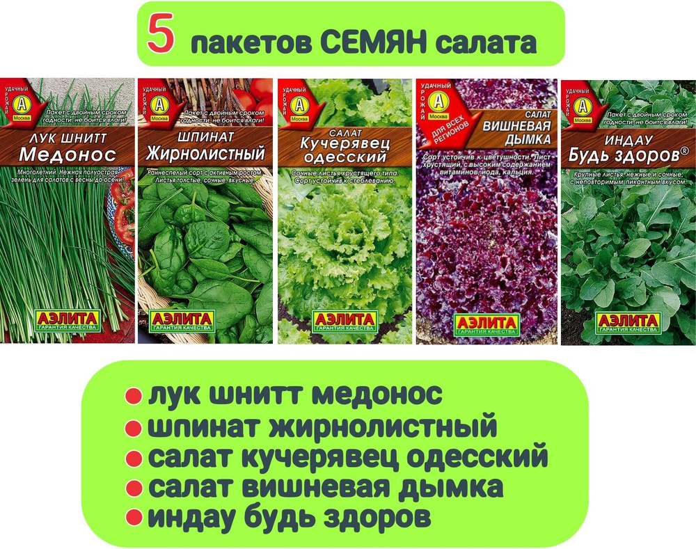 Набор "Семена Салатный микс" (5 пакетов): 2 вида Салата, Шпинат, Лук Шнитт, Руккола "Аэлита"  #1