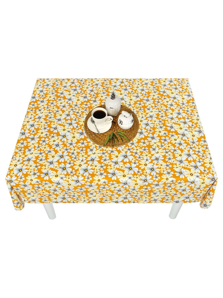 Тефлоновая скатерть на стол тканевая прямоугольная Maifon Ромашки Желтая с пропиткой водоотталкивающей #1