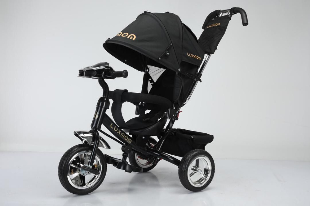 Велосипед коляска трехколесный Luxmom 5588, с ручкой для родителей и с корзиной для игрушек. Цвет: Черный #1