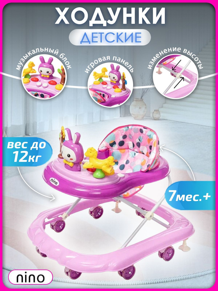 Ходунки детские NINO Rabbit 7 колес pink, с игрушками для детей #1