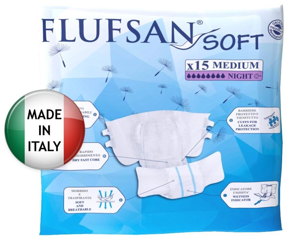 Подгузники для взрослых FLUFSAN Soft (M) Ночные+, объем в бедрах 80-115 см 15 шт, для лежачих больных, #1