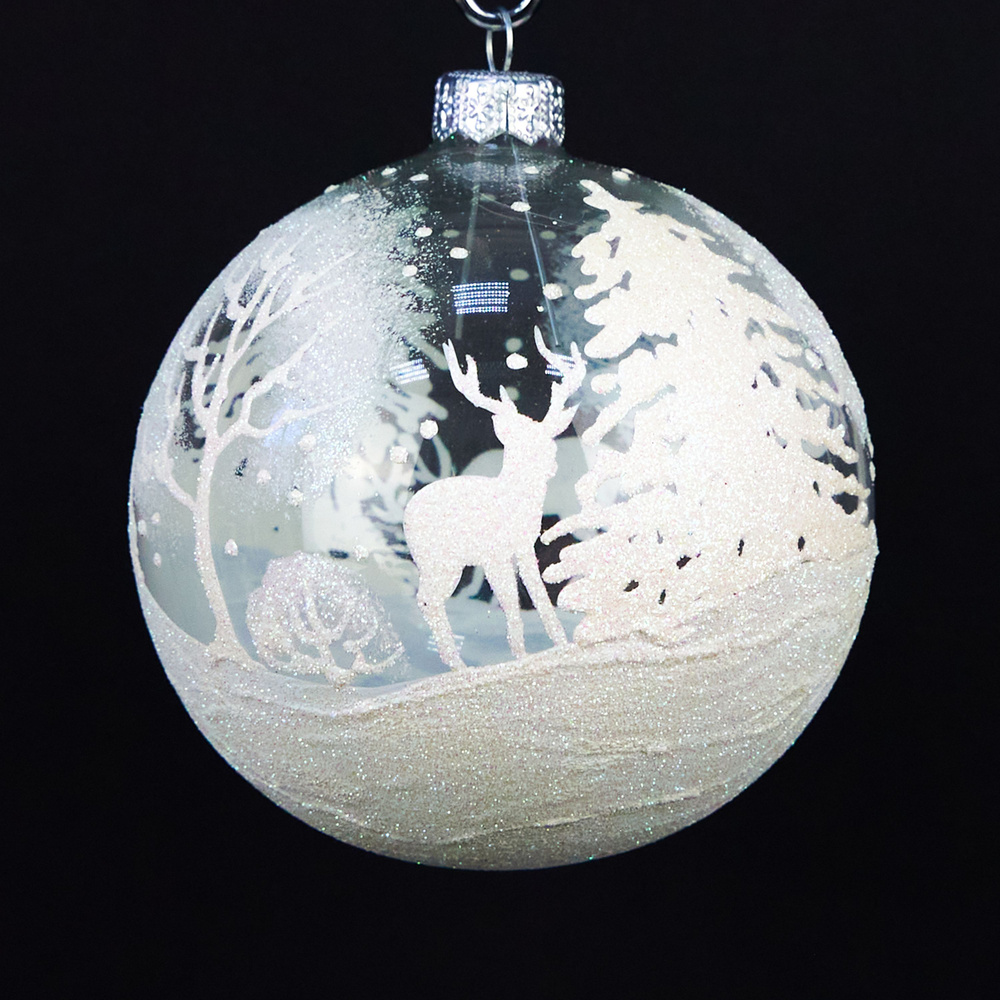 Новогодний елочный стеклянный шар ручной росписи с блестками / Стеклянная игрушка 10 см. / Елочный шар #1